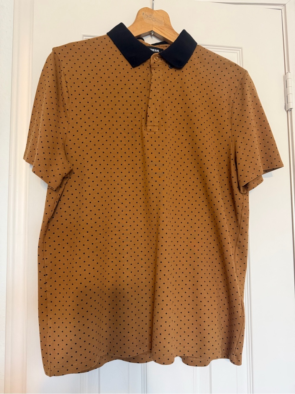 Express Men's Tan Polo with Black Collar and Polka Dots